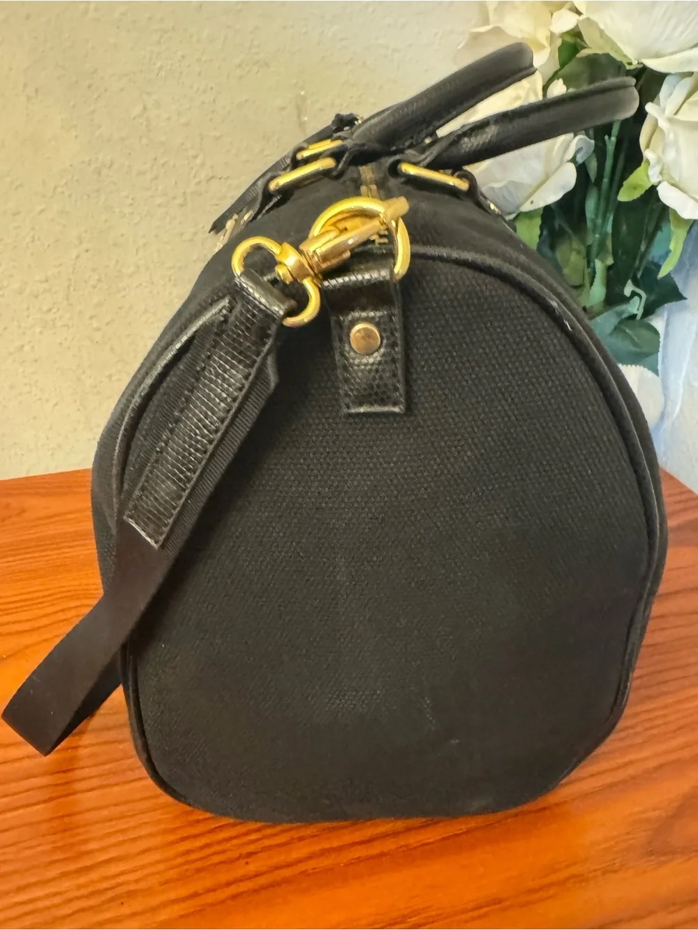 Victoria's Secret Black Duffel Bag with Gold Hardware Plate